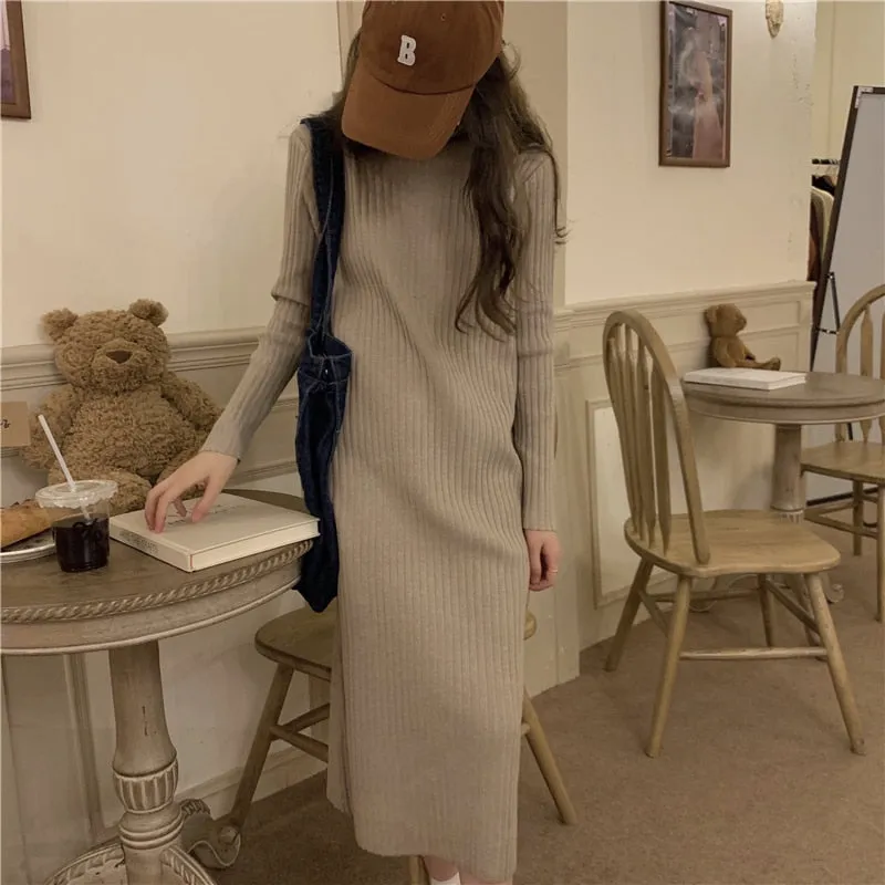 Turtleneck Full Sleeve Oversized Knit Dress Female 2021 Winter Vestidos Casual Thick Twisted Women Long Sweater Dress