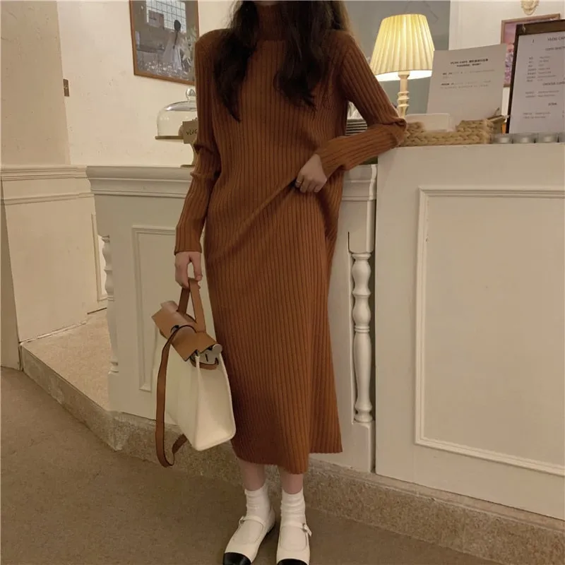 Turtleneck Full Sleeve Oversized Knit Dress Female 2021 Winter Vestidos Casual Thick Twisted Women Long Sweater Dress