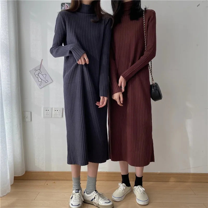 Turtleneck Full Sleeve Oversized Knit Dress Female 2021 Winter Vestidos Casual Thick Twisted Women Long Sweater Dress