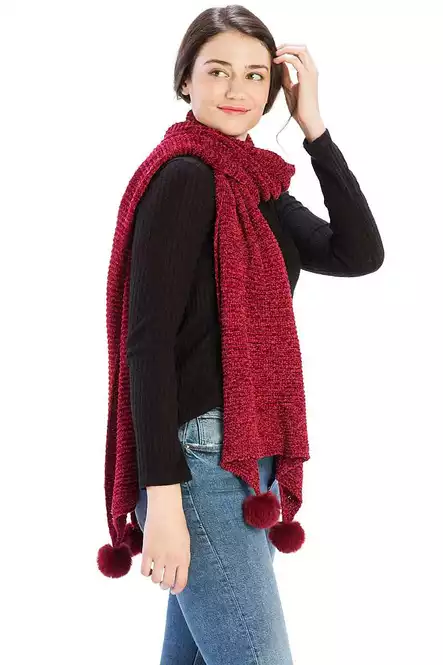 Vintage & Pleated Chenille Pom Long Scarf for Women | 100% Polyester