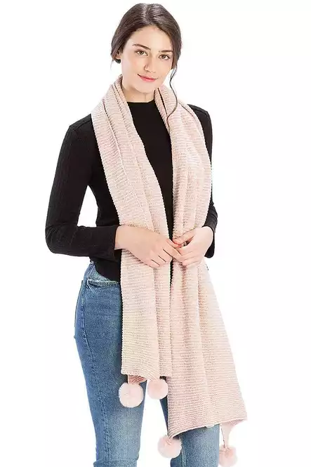 Vintage & Pleated Chenille Pom Long Scarf for Women | 100% Polyester