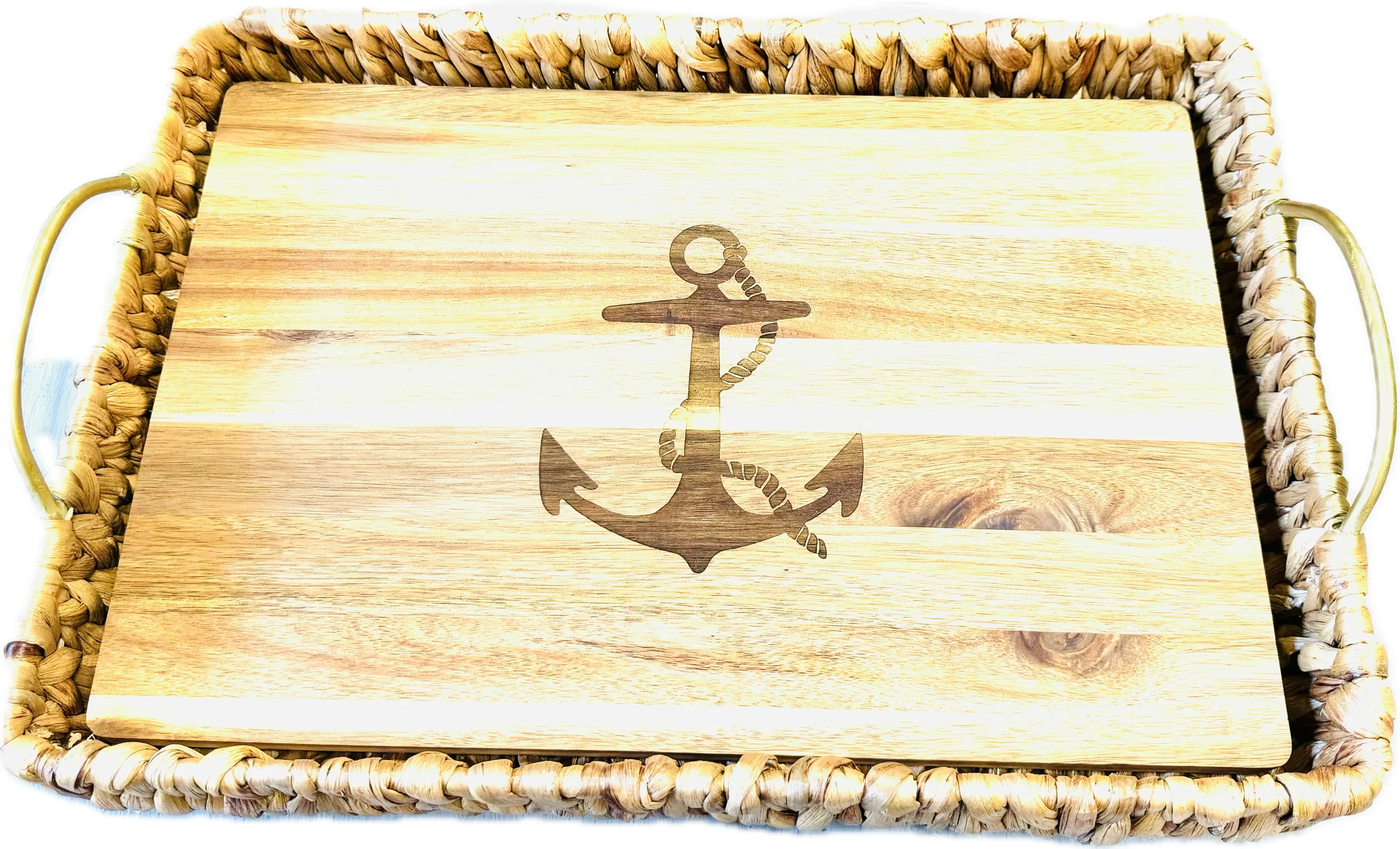 Water Hyacinth Rectangle Tray with Metal Handles and Acacia Wood Liner - Anchor