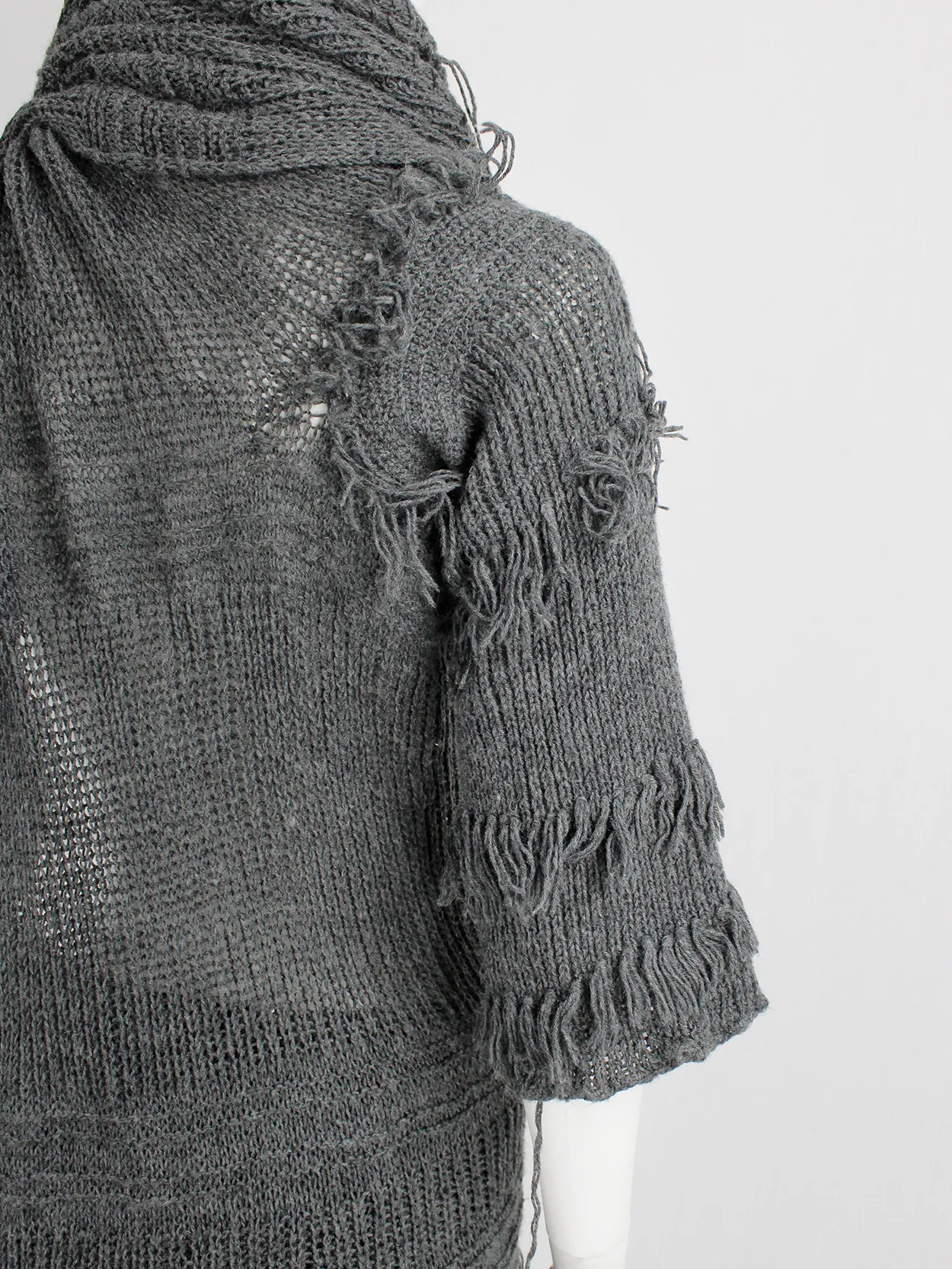 Wim Neels grey frayed extra long scarf with one jumper sleeve — 1990’s