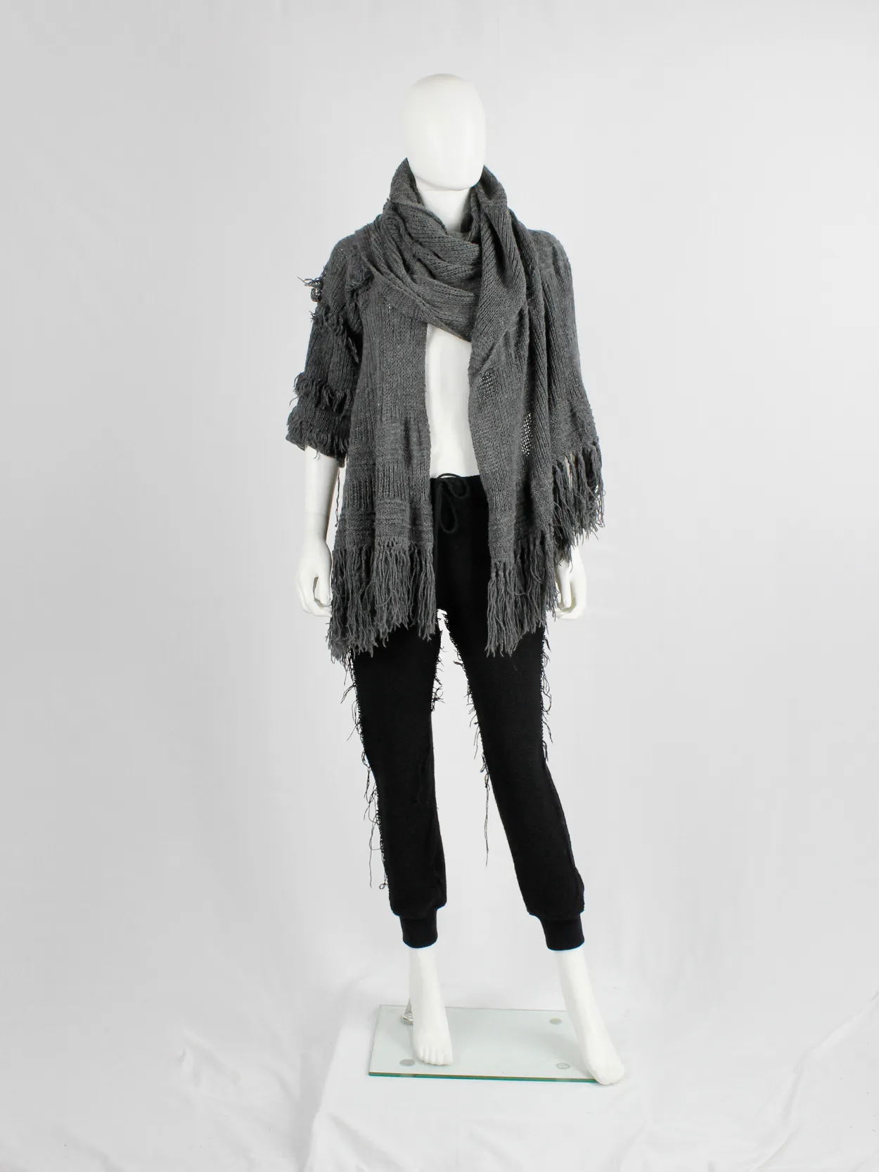 Wim Neels grey frayed extra long scarf with one jumper sleeve — 1990’s