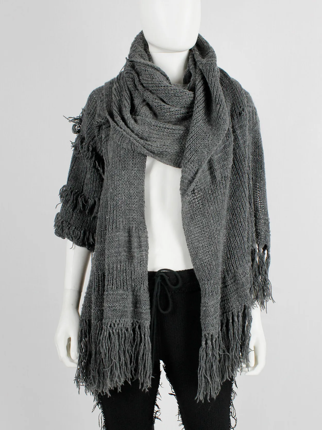 Wim Neels grey frayed extra long scarf with one jumper sleeve — 1990’s