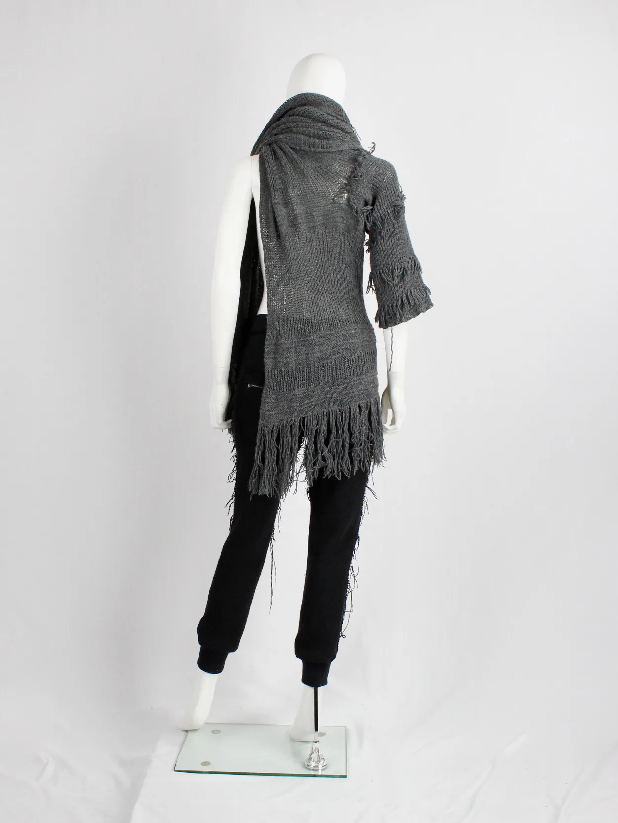 Wim Neels grey frayed extra long scarf with one jumper sleeve — 1990’s