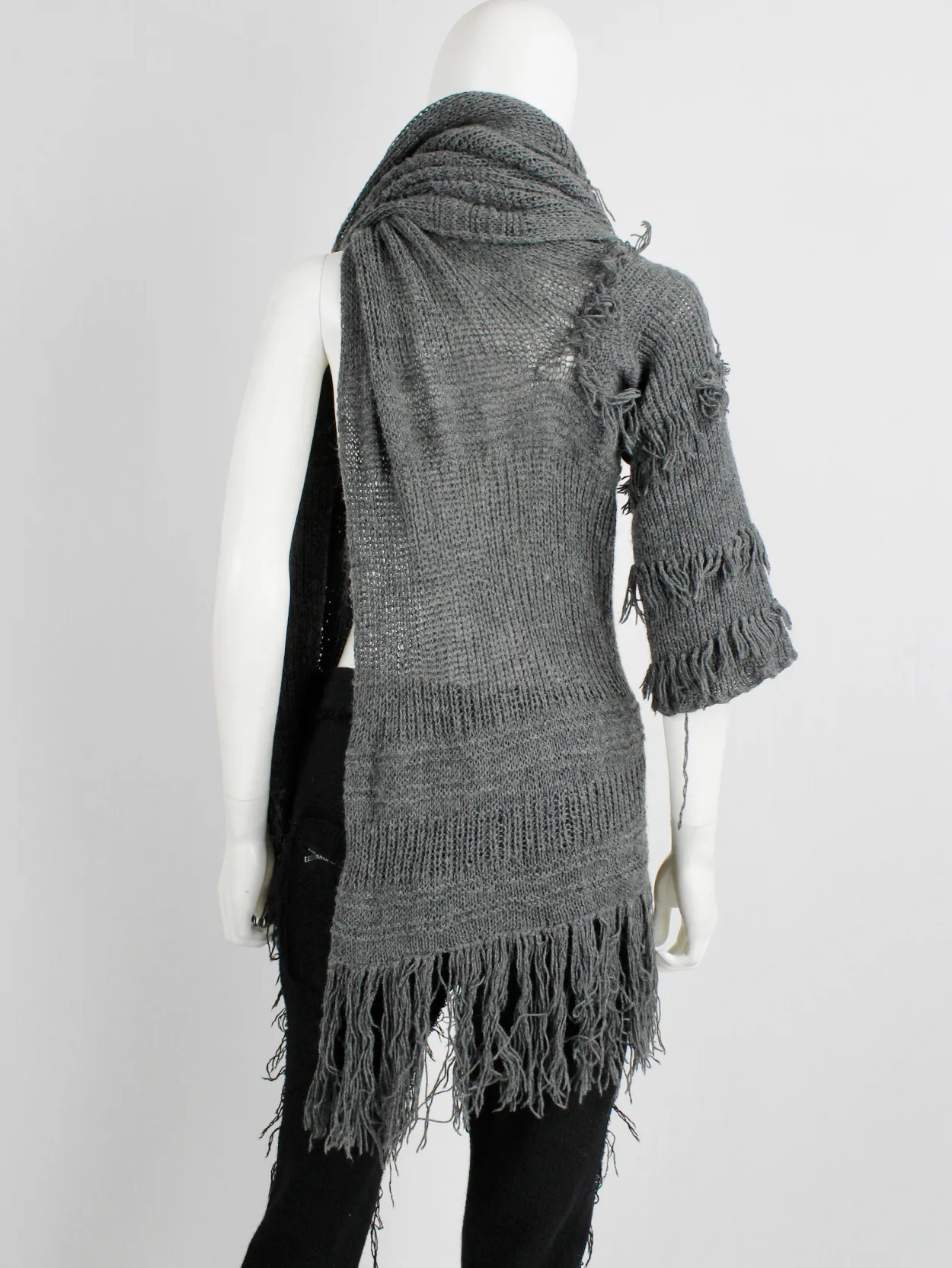 Wim Neels grey frayed extra long scarf with one jumper sleeve — 1990’s