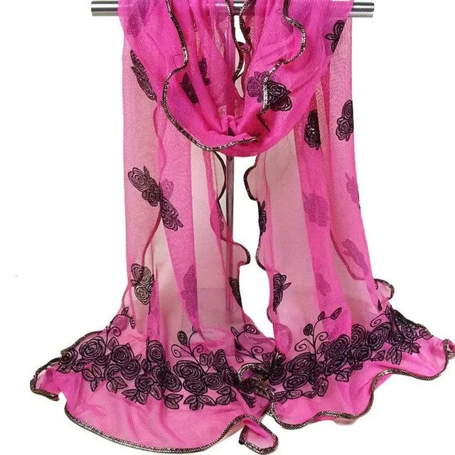 Women Vintage Scarf Lace Gauze Rose Flower Veil Scarves Shawl Wrap BK SM6