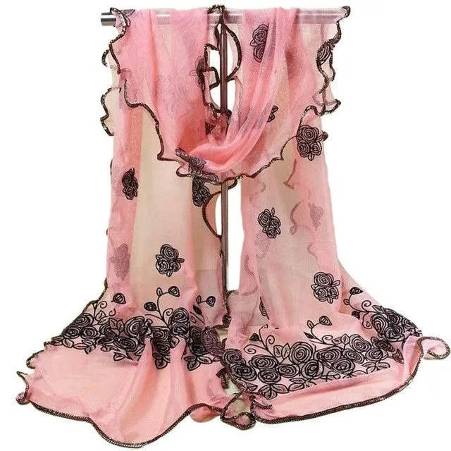 Women Vintage Scarf Lace Gauze Rose Flower Veil Scarves Shawl Wrap BK SM6