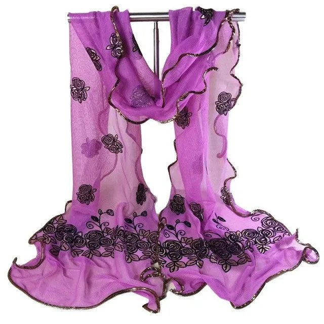 Women Vintage Scarf Lace Gauze Rose Flower Veil Scarves Shawl Wrap BK SM6