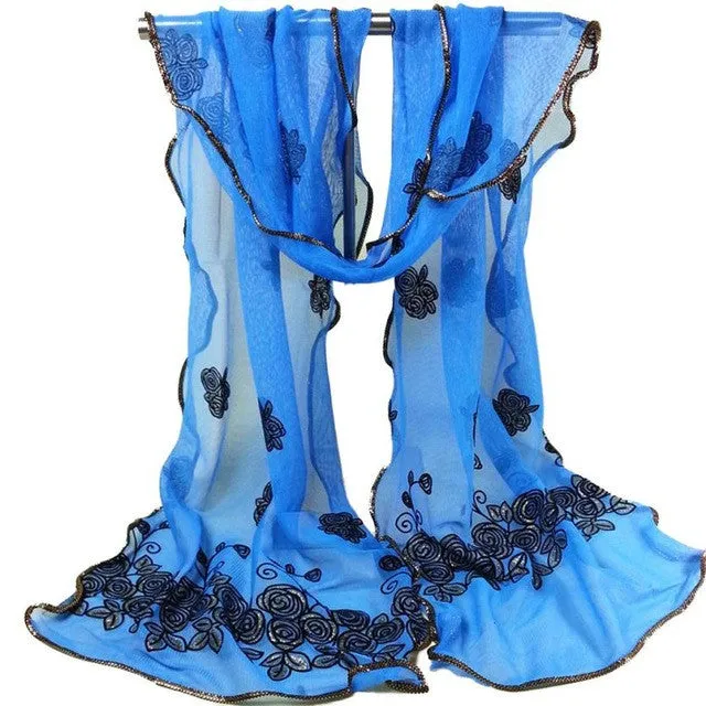 Women Vintage Scarf Lace Gauze Rose Flower Veil Scarves Shawl Wrap BK SM6